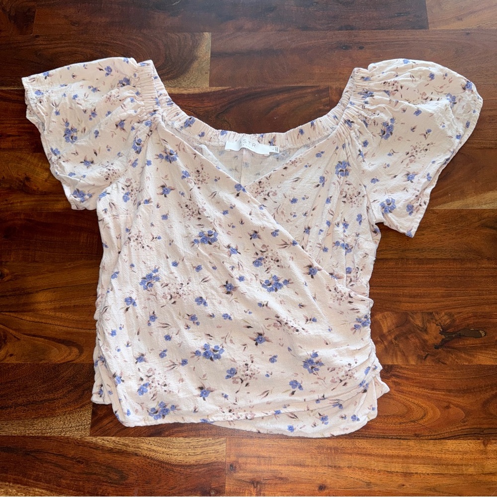 Astr Floral Wrap Puff Sleeve Blouse in Light Pink and Blue